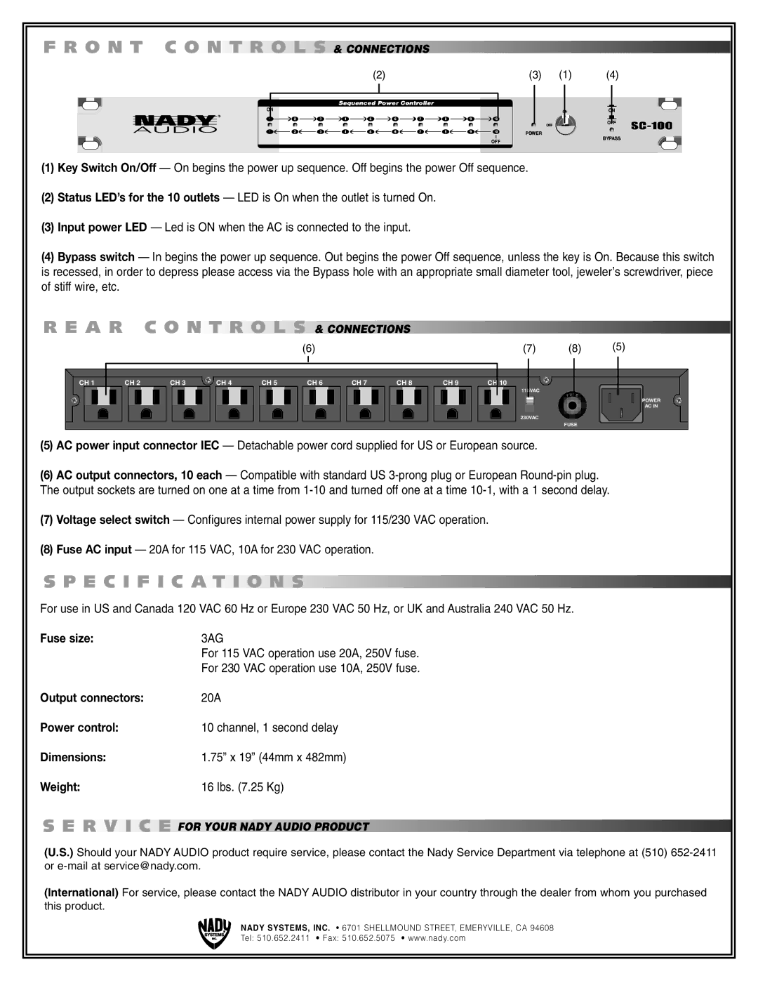 Nady Systems SC-100 instruction sheet O N T C O N T R O L S, A R C O N T R O L S, E C I F I C a T I O N S, R V I C E 