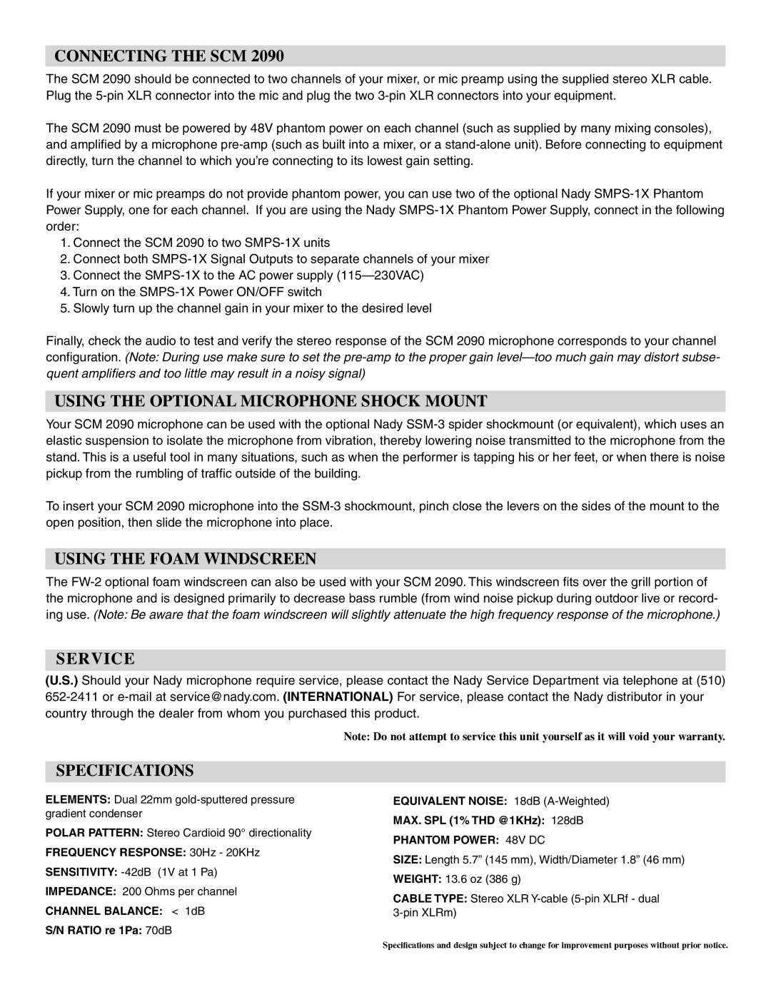 Nady Systems SCM 2090 Connecting the SCM, Using the Optional Microphone Shock Mount, Using the Foam Windscreen, Service 