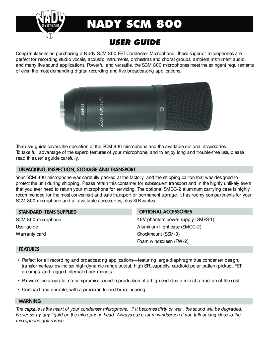 Nady Systems SCM 800 warranty UNPACKING, INSPECTION, Storage and Transport, Standard Items Supplied Optional Accessories 