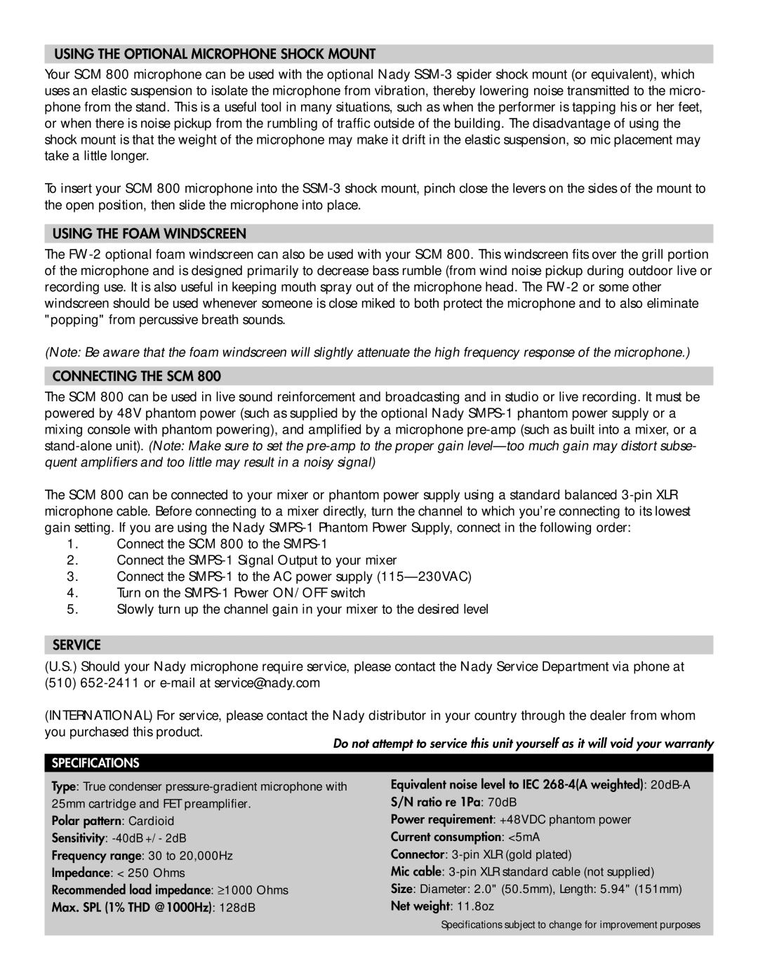 Nady Systems SCM 800 Using the Optional Microphone Shock Mount, Using the Foam Windscreen, Connecting the SCM, Service 