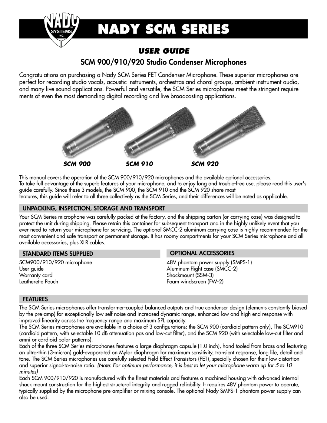 Nady Systems SCM 900 warranty UNPACKING, INSPECTION, Storage and Transport, Standard Items Supplied Optional Accessories 