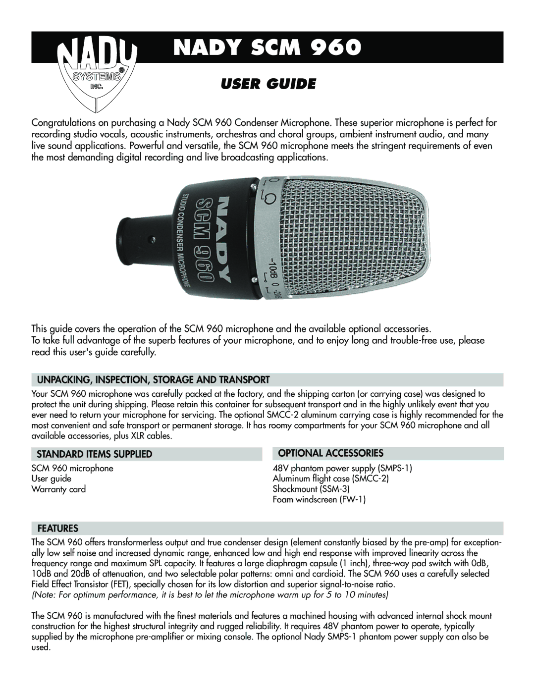 Nady Systems SCM 960 warranty UNPACKING, INSPECTION, Storage and Transport, Standard Items Supplied Optional Accessories 