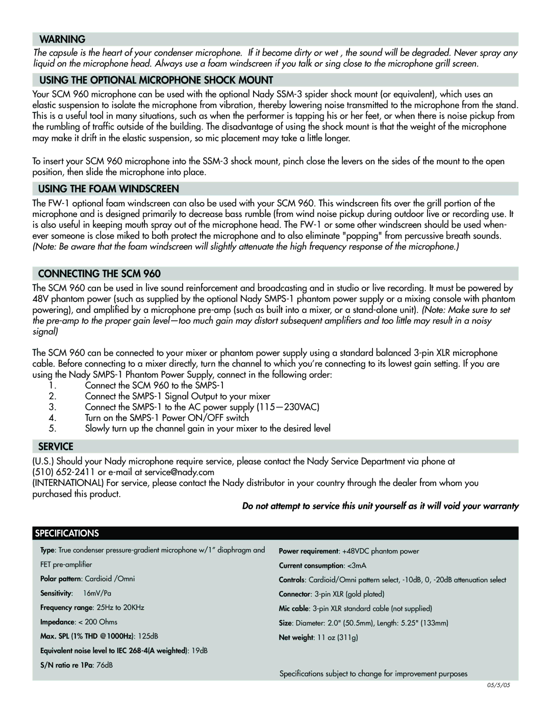 Nady Systems SCM 960 Using the Optional Microphone Shock Mount, Using the Foam Windscreen, Connecting the SCM, Service 
