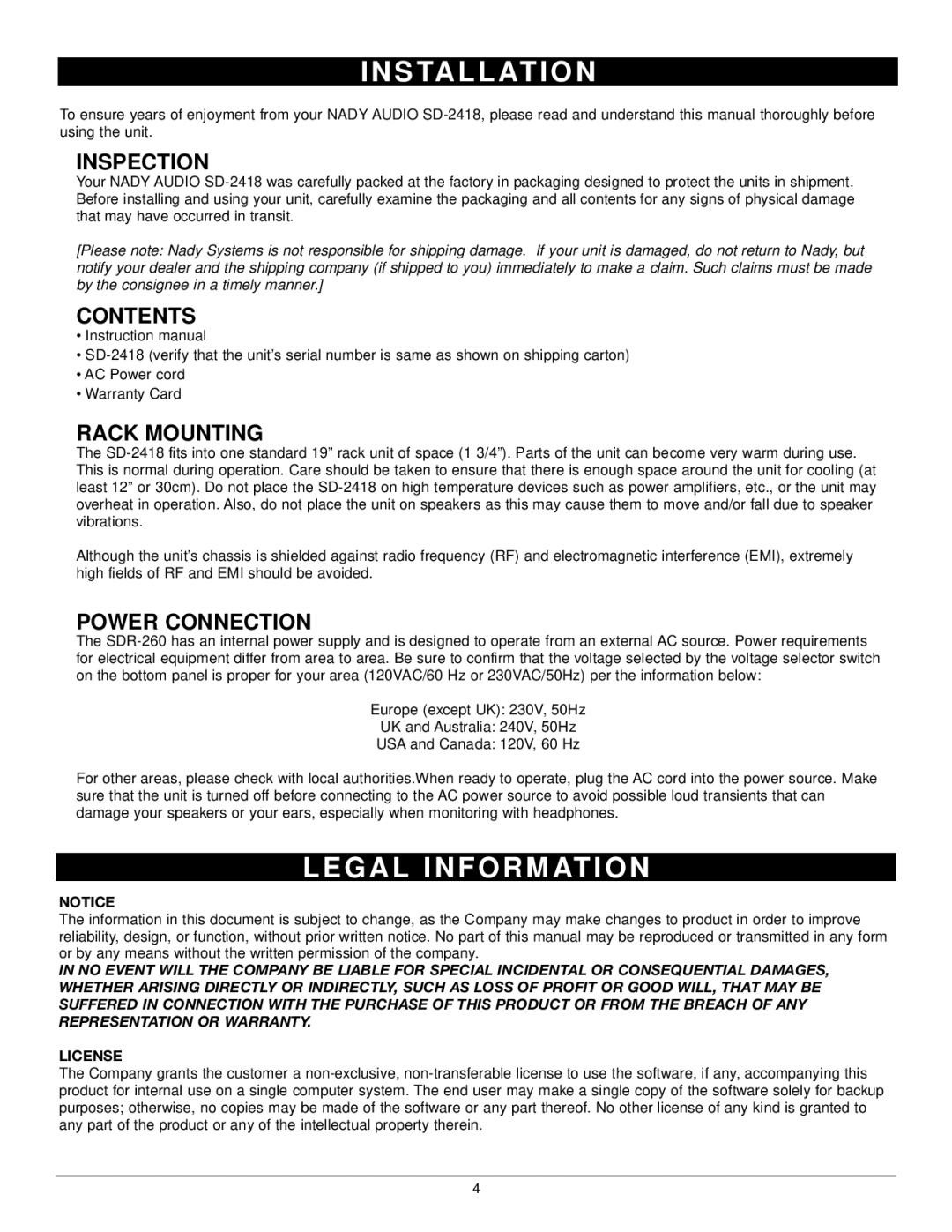 Nady Systems SD-2418 owner manual S Ta L L At I O N, G a L I N F O R M AT I O N 