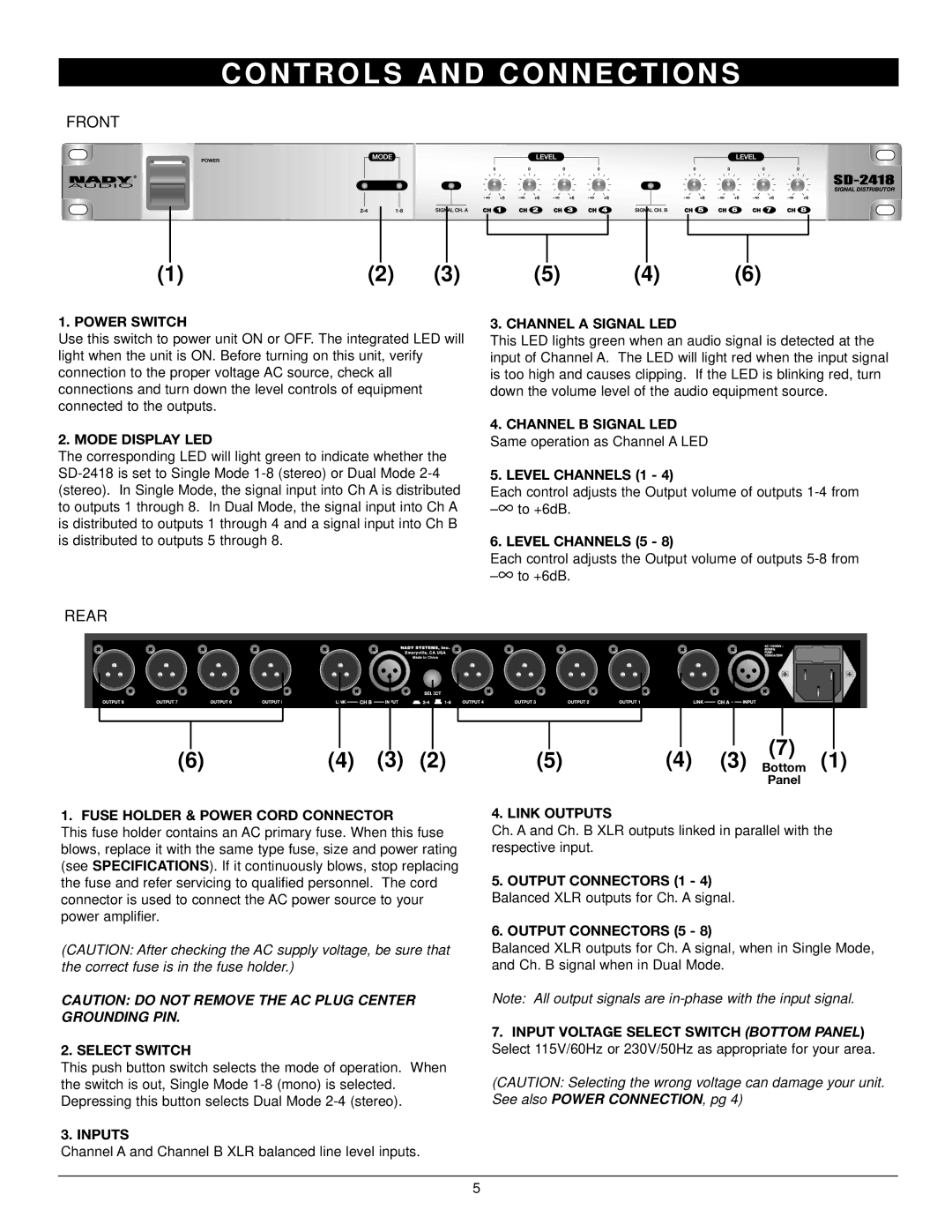 Nady Systems SD-2418 owner manual N T R O L S a N D C O N N E C T I O N S, Front 