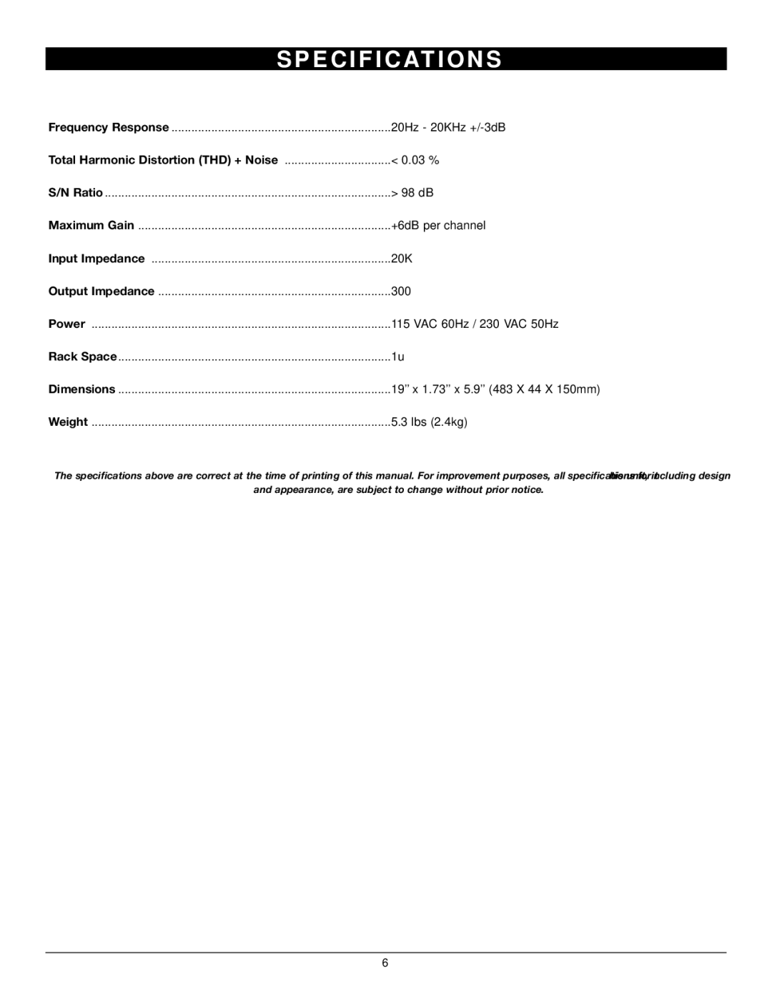 Nady Systems SD-2418 owner manual E C I F I C At I O N S, Lbs 2.4kg 