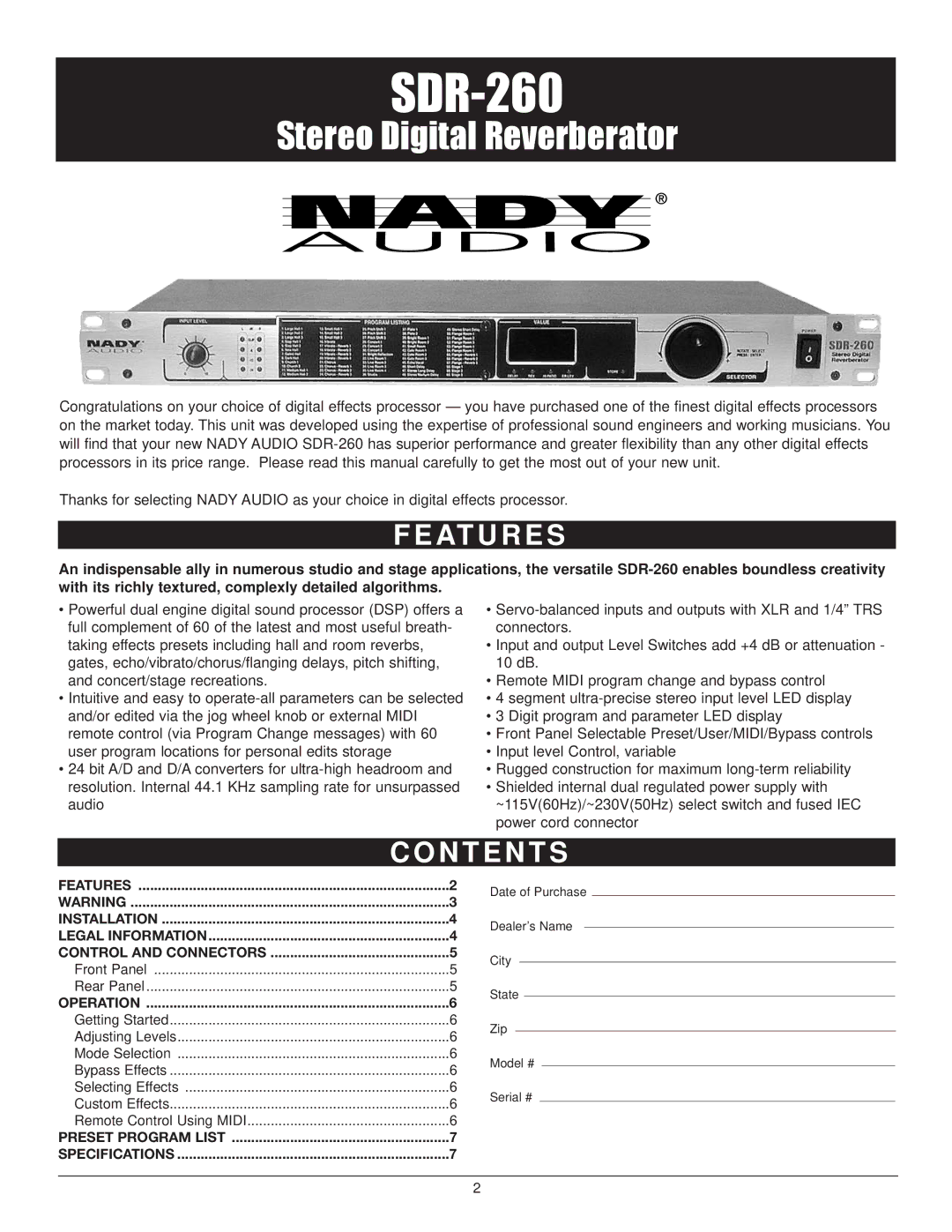 Nady Systems SDR-260 owner manual At U R E S, N T E N T S, Operation, Preset Program List Specifications 