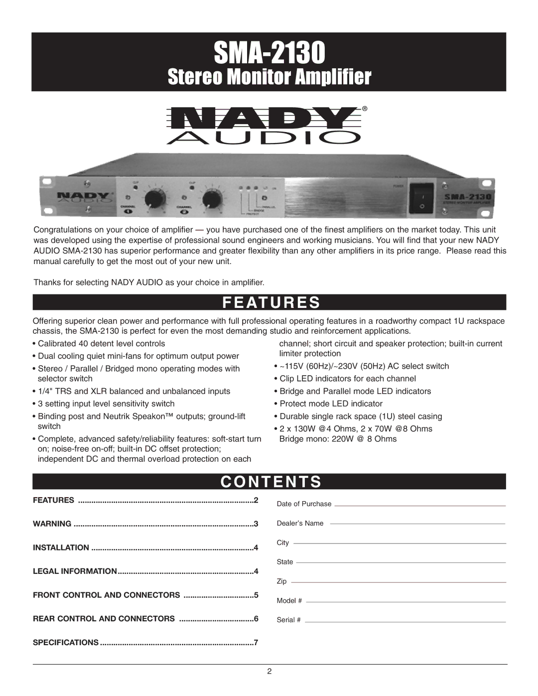 Nady Systems SMA-2130 owner manual At U R E S, N T E N T S 