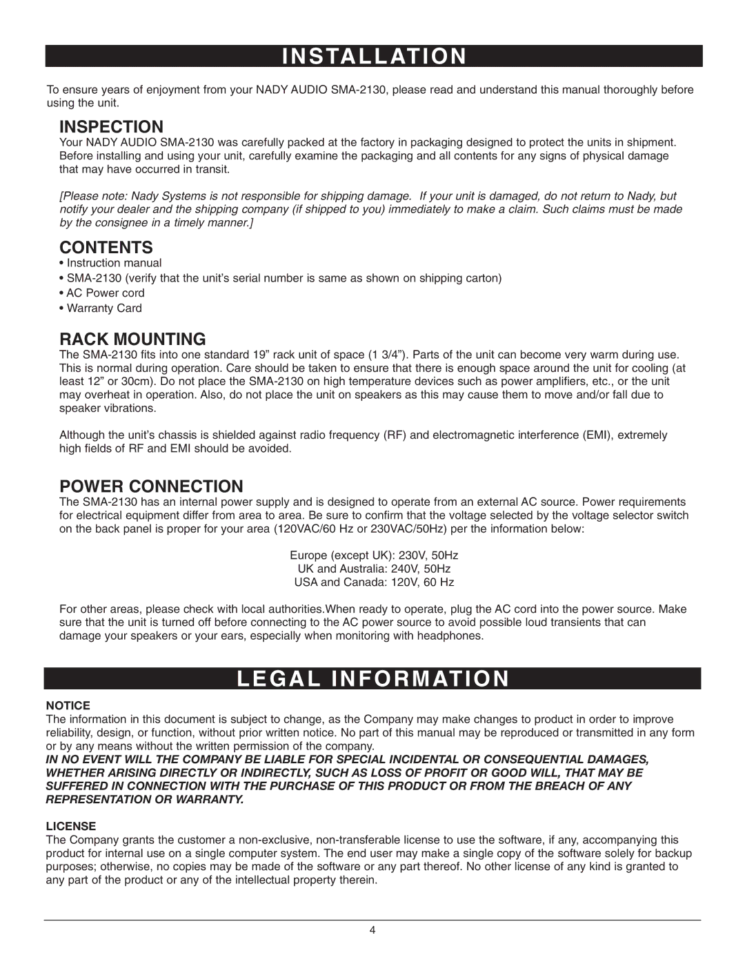 Nady Systems SMA-2130 owner manual S Ta L L At I O N, G a L I N F O R M AT I O N 