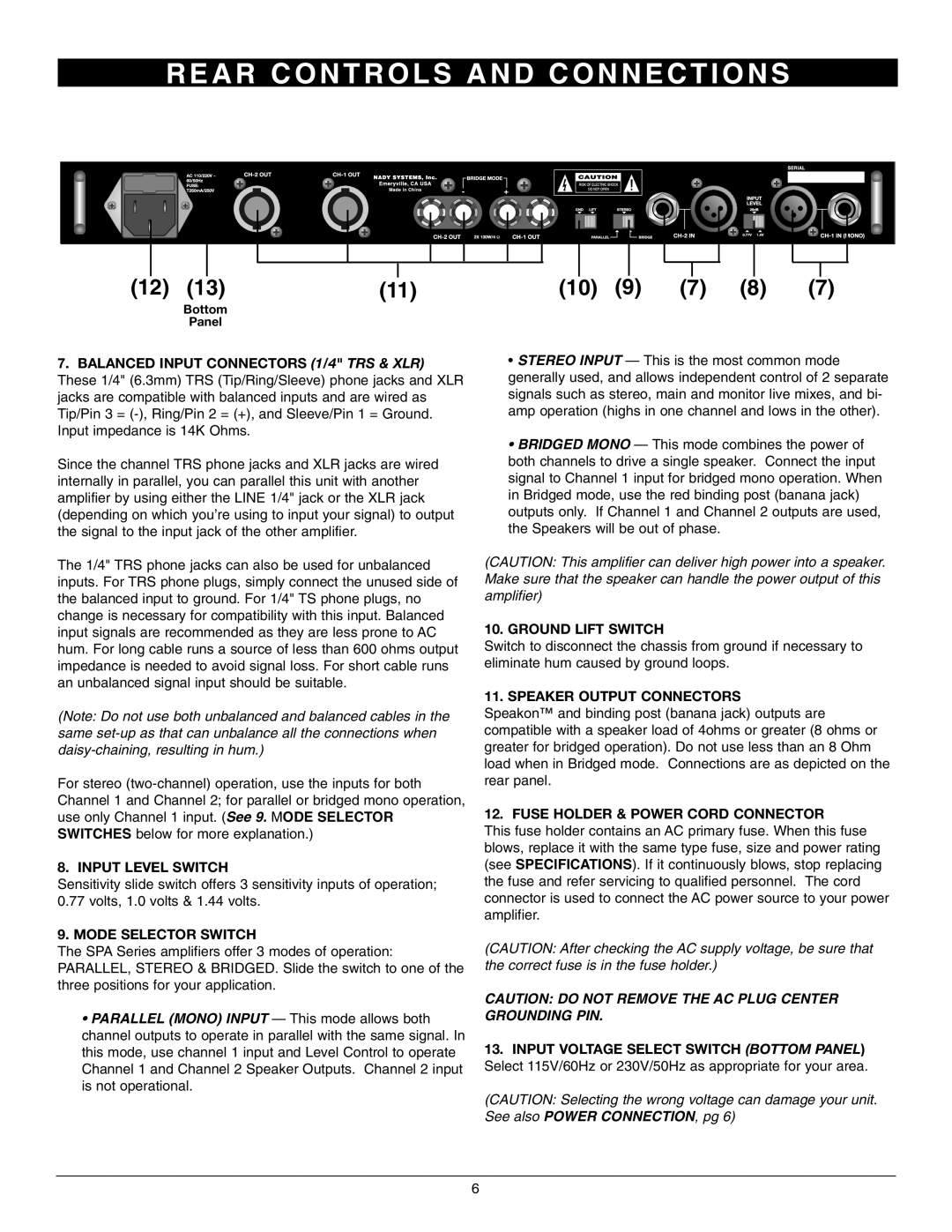 Nady Systems SMA-2130 owner manual A R C O N T R O L S a N D C O N N E C T I O N S, Input Level Switch 