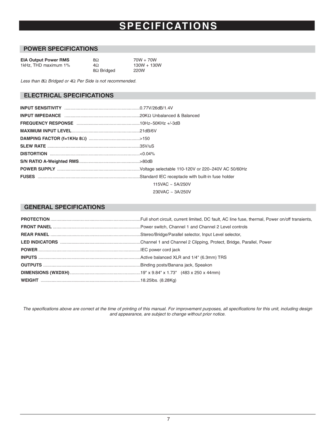 Nady Systems SMA-2130 owner manual E C I F I C At I O N S, Power Specifications 