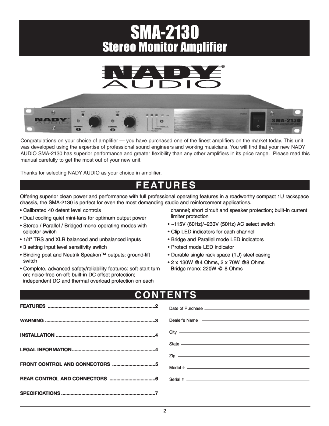 Nady Systems SMA-2130 owner manual F E At U R E S, C O N T E N T S, Stereo Monitor Amplifier 