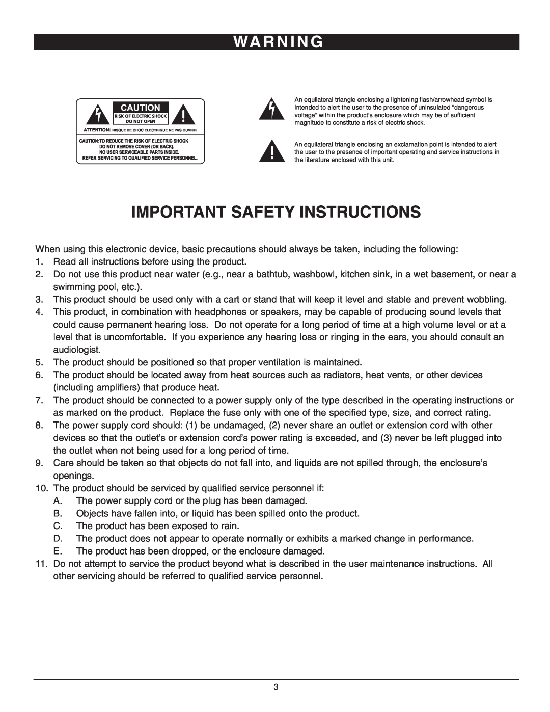 Nady Systems SMA-2130 owner manual Wa R N I N G, Important Safety Instructions 