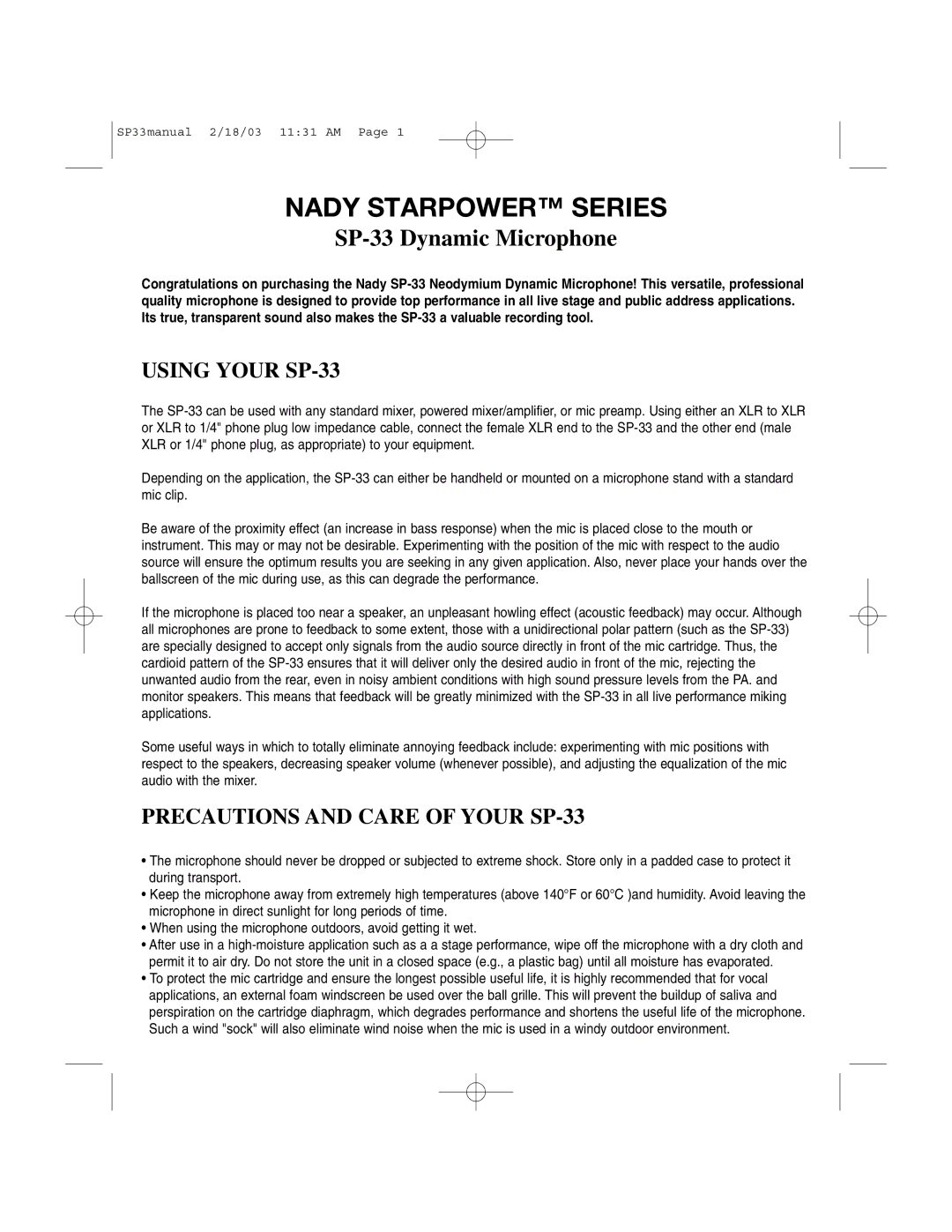 Nady Systems manual Nady Starpower Series, SP-33 Dynamic Microphone, Using Your SP-33 