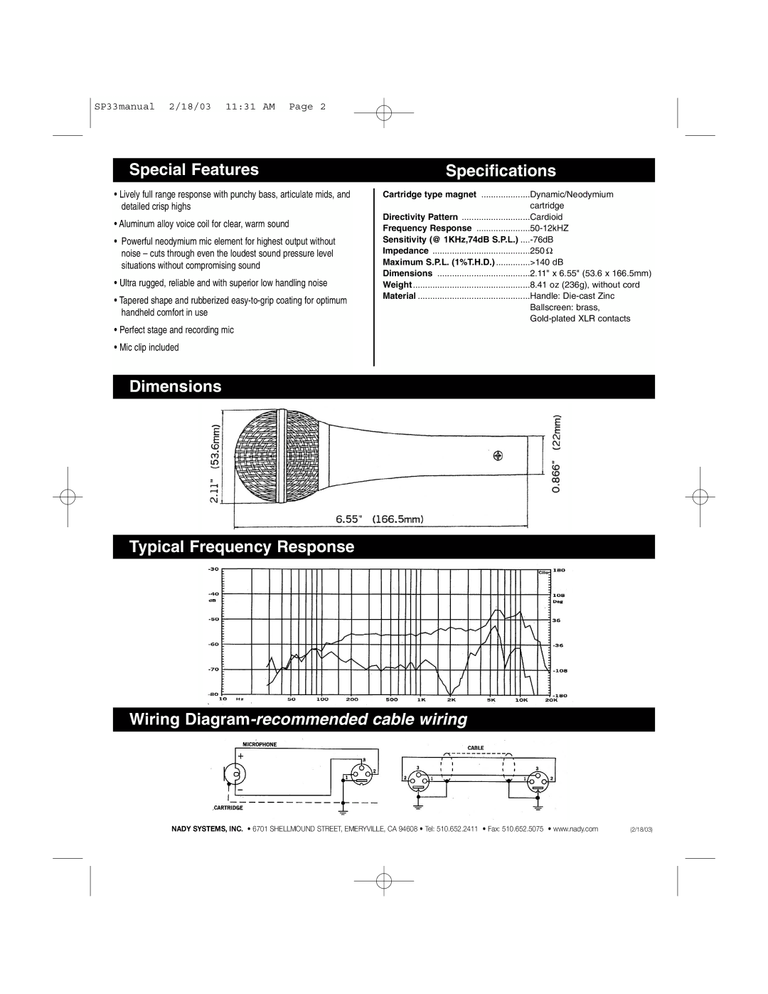 Nady Systems SP-33 manual Special Features, Dimensions Typical Frequency Response Specifications 