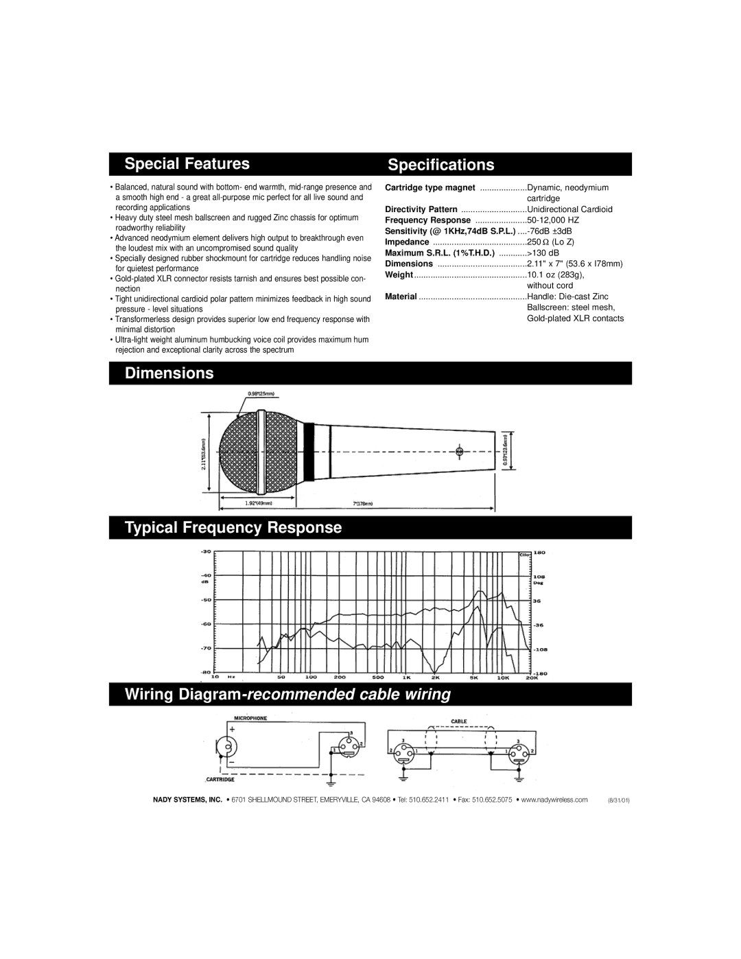 Nady Systems SP-5 manual Special Features, Dimensions Typical Frequency Response Specifications 