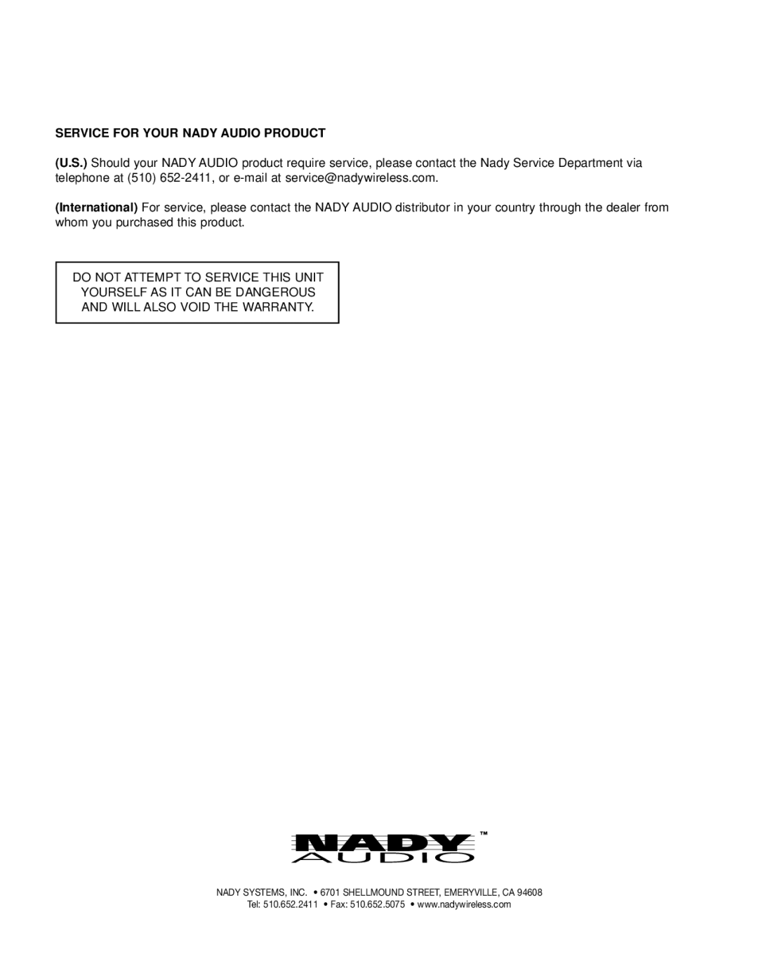 Nady Systems SPA 1400 owner manual Service for Your Nady Audio Product 