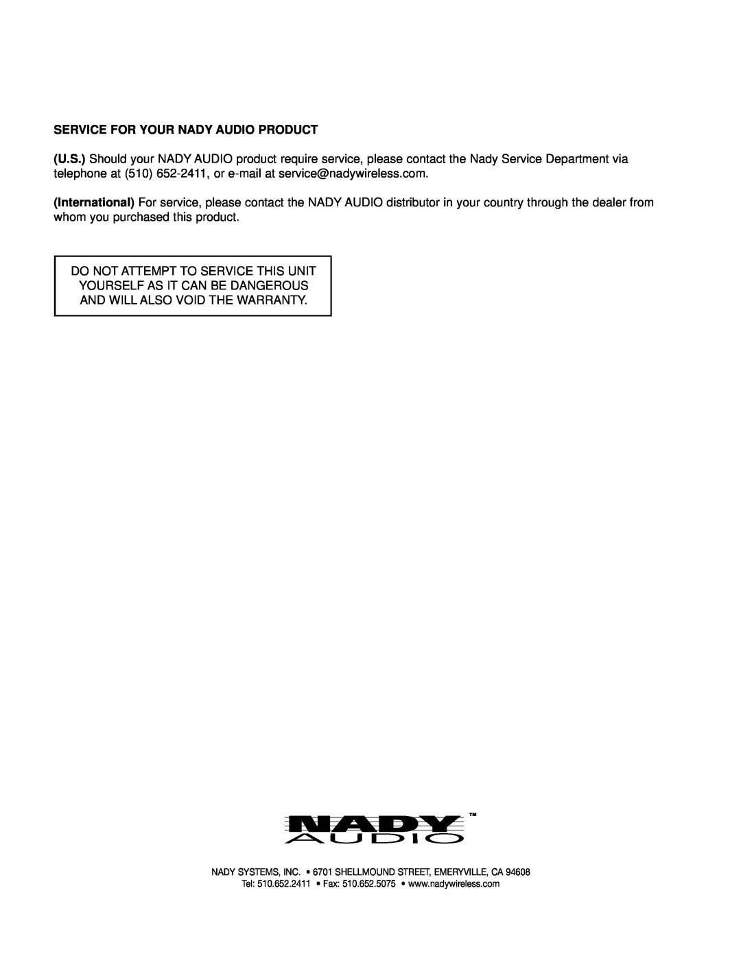 Nady Systems SPA 1400 owner manual Service For Your Nady Audio Product 