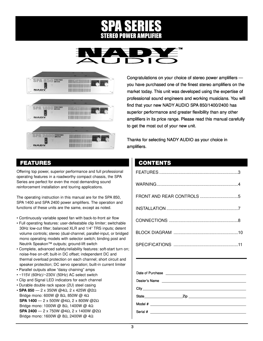 Nady Systems SPA 1400 owner manual Features, Contents, Spa Series, Stereo Power Amplifier 