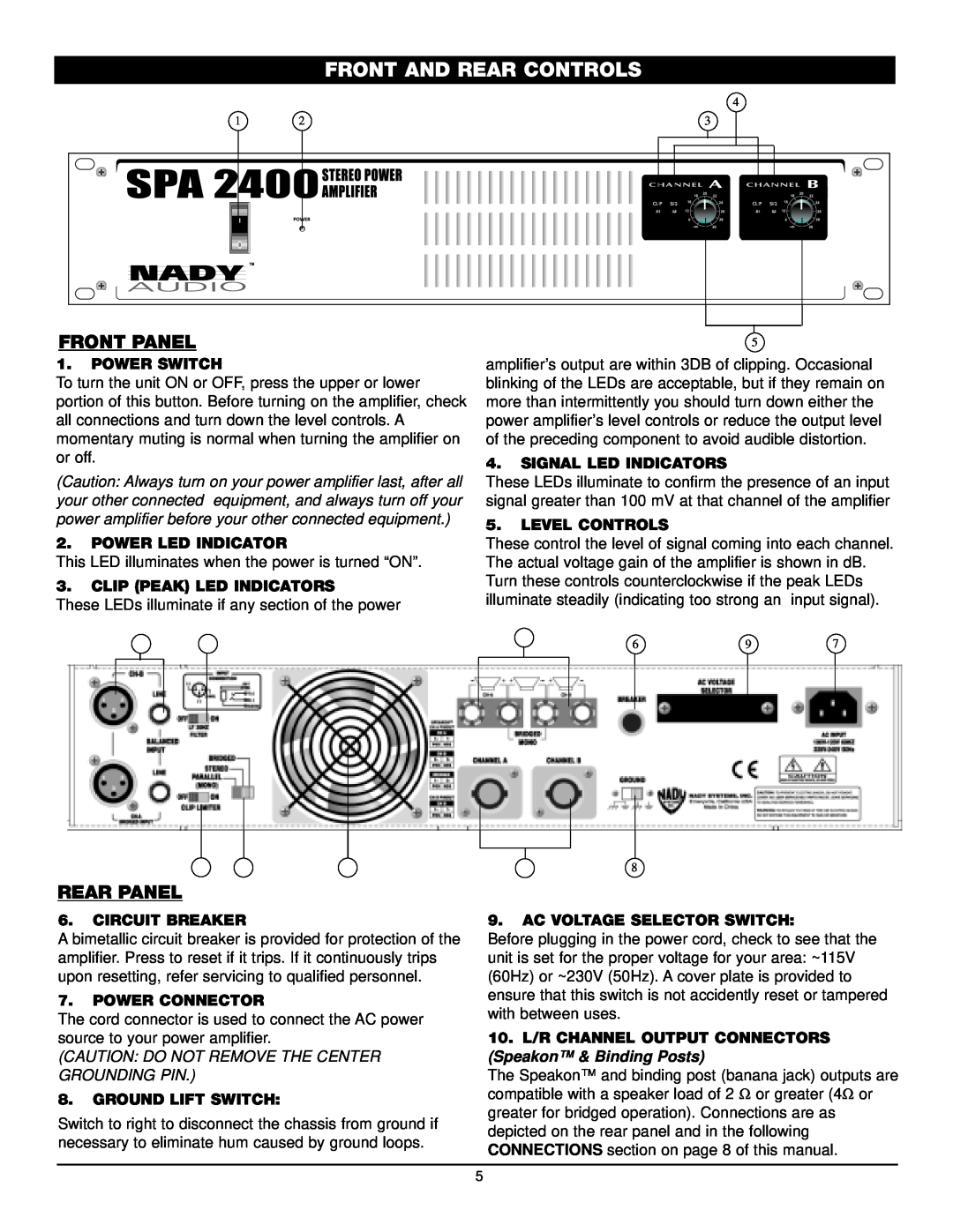 Nady Systems SPA 1400 Front And Rear Controls, Front Panel, Rear Panel, Power Switch, Power Led Indicator, Level Controls 