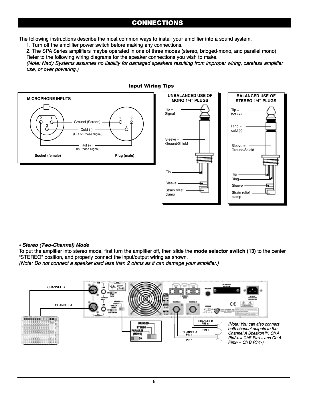 Nady Systems SPA 1400 owner manual Connections, Input Wiring Tips, Stereo Two-ChannelMode 