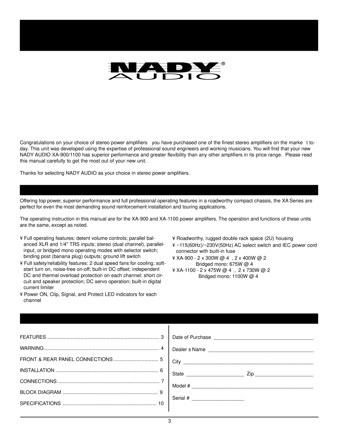 Nady Systems SPA 850 owner manual Features, Table of Contents 