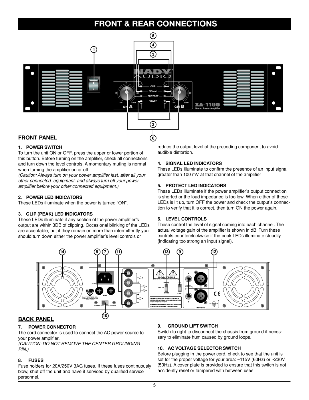 Nady Systems SPA 850 owner manual Front & Rear Connections, Front Panel 