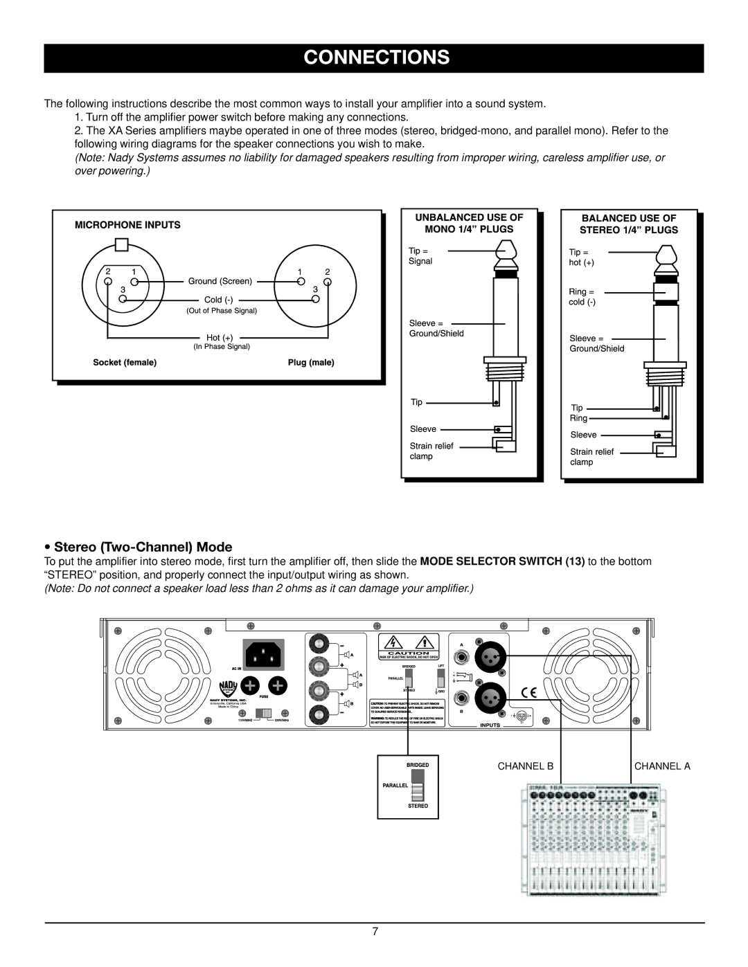 Nady Systems SPA 850 owner manual Connections, Stereo Two-Channel Mode 