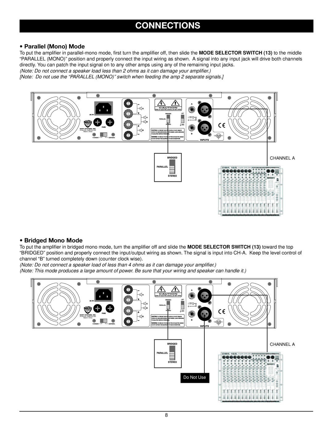 Nady Systems SPA 850 owner manual Parallel Mono Mode 