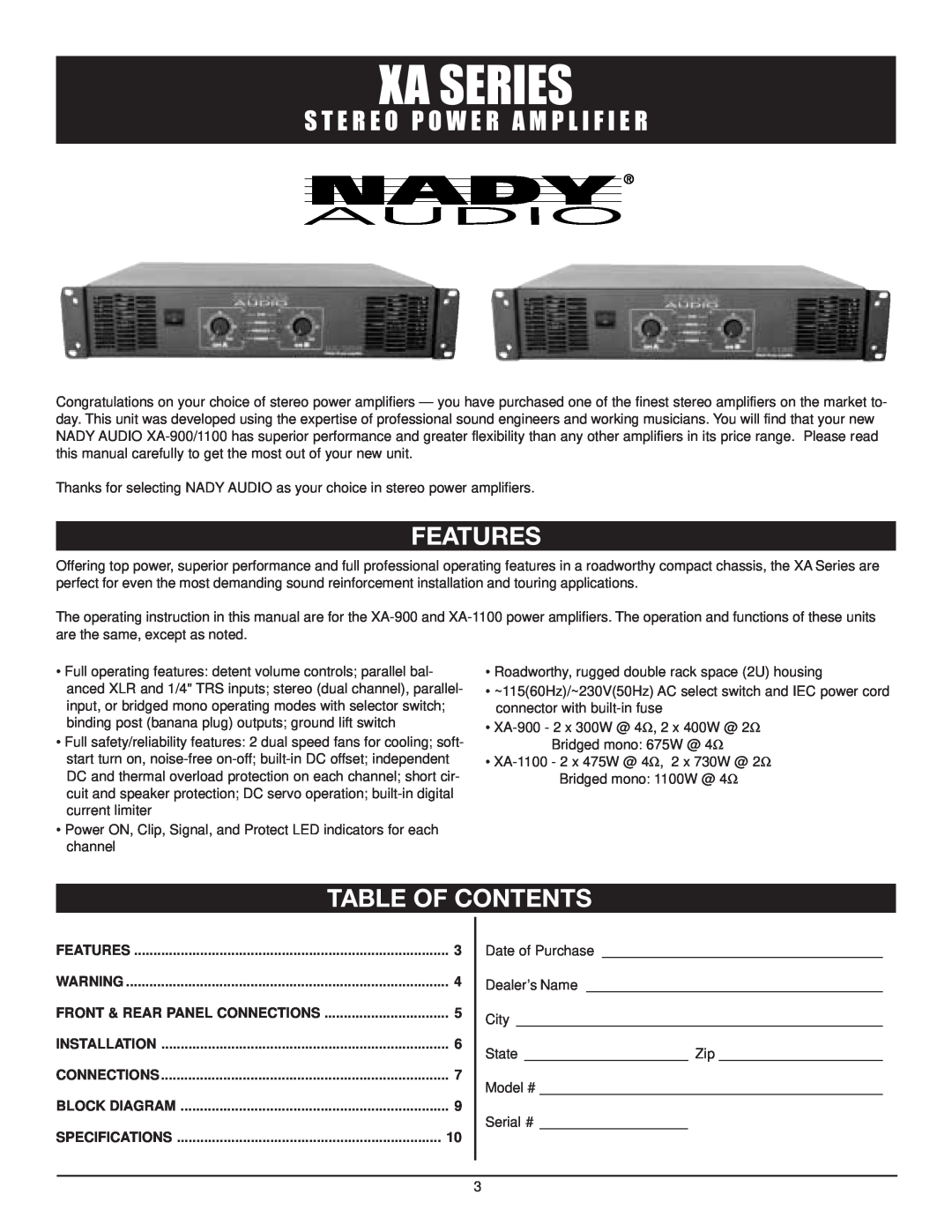 Nady Systems SPA 850 owner manual Features, Table Of Contents, Xa Series, S T E R E O P O W E R A M P L I F I E R 
