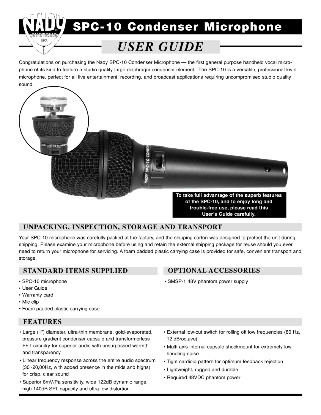 Nady Systems SPC-10 warranty UNPACKING, INSPECTION, Storage and Transport, Standard Items Supplied Optional Accessories 