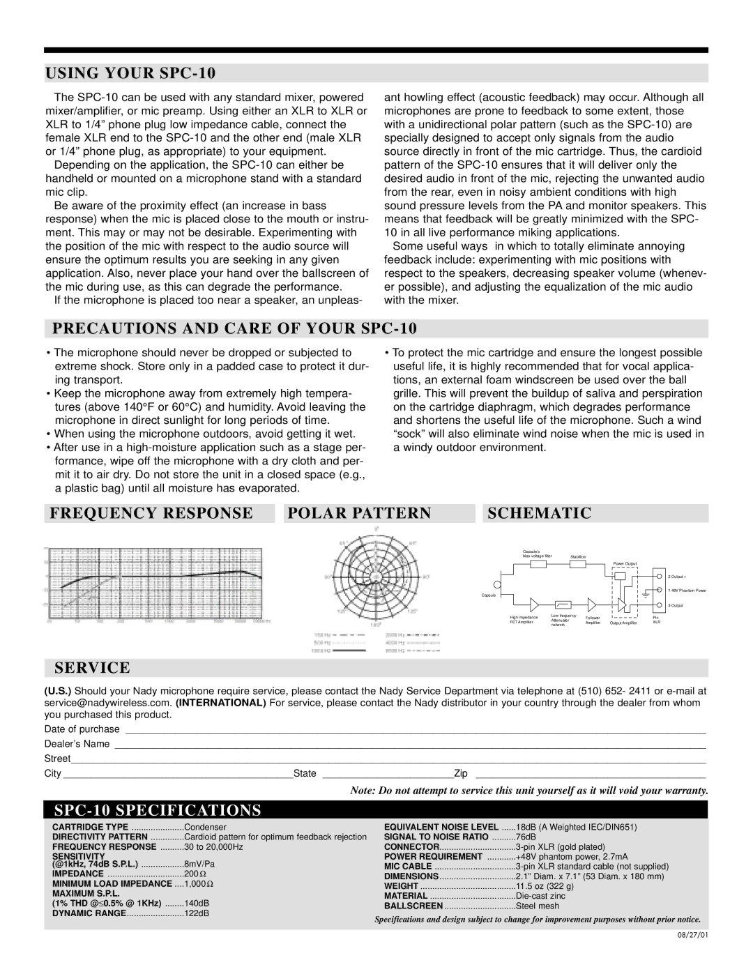 Nady Systems warranty Using Your SPC-10, Precautions and Care of Your SPC-10, Frequency Response Polar Pattern Schematic 