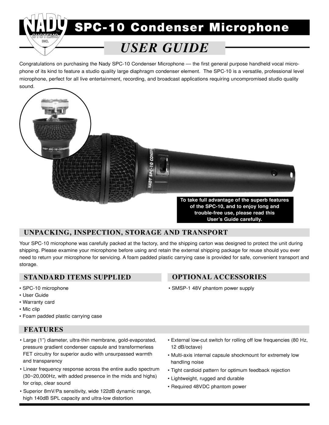 Nady Systems SPC-10 warranty UNPACKING, INSPECTION, Storage and Transport, Standard Items Supplied Optional Accessories 