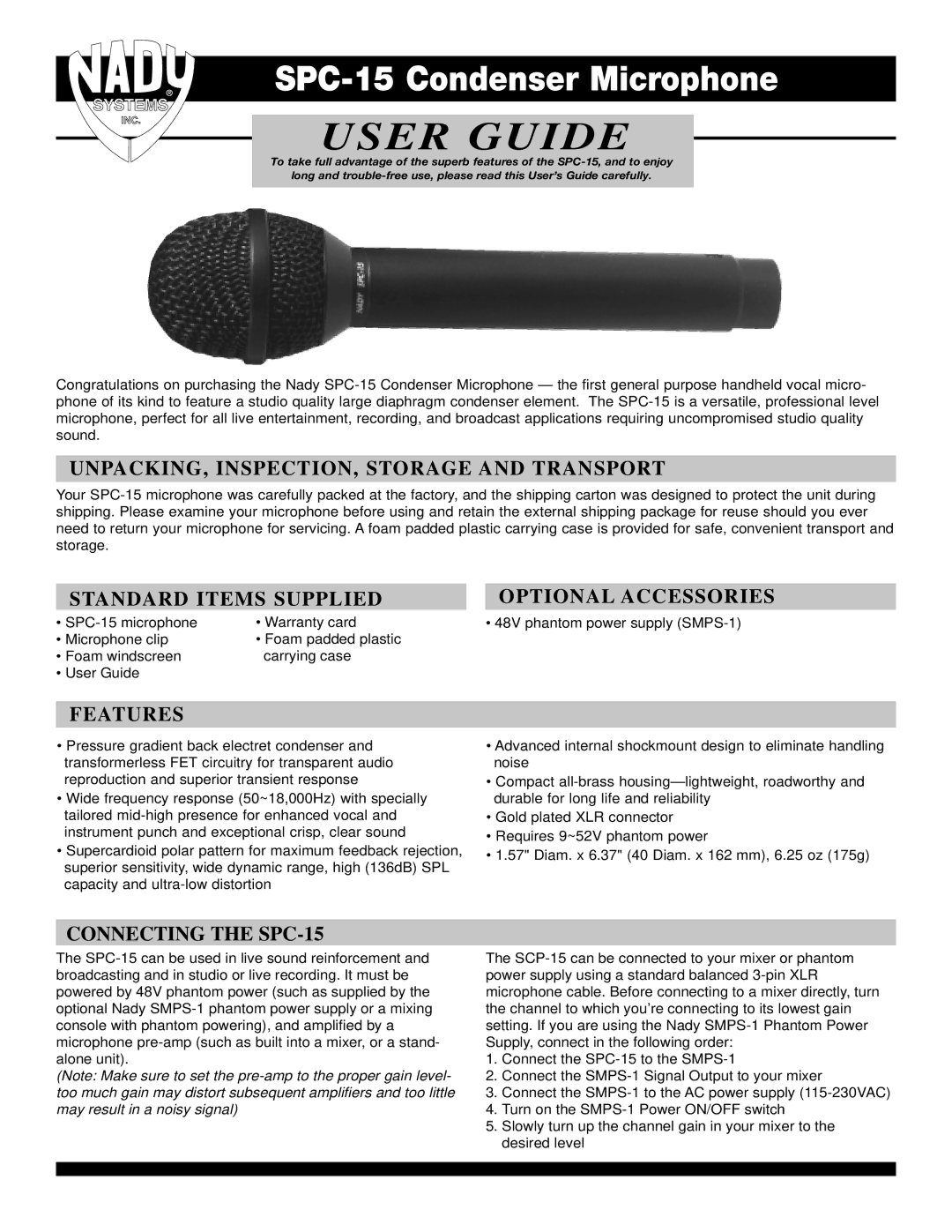 Nady Systems SPC-15 warranty UNPACKING, INSPECTION, Storage and Transport, Standard Items Supplied Optional Accessories 