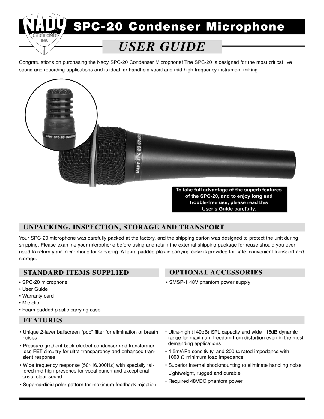 Nady Systems SPC-20 warranty UNPACKING, INSPECTION, Storage and Transport, Standard Items Supplied Optional Accessories 