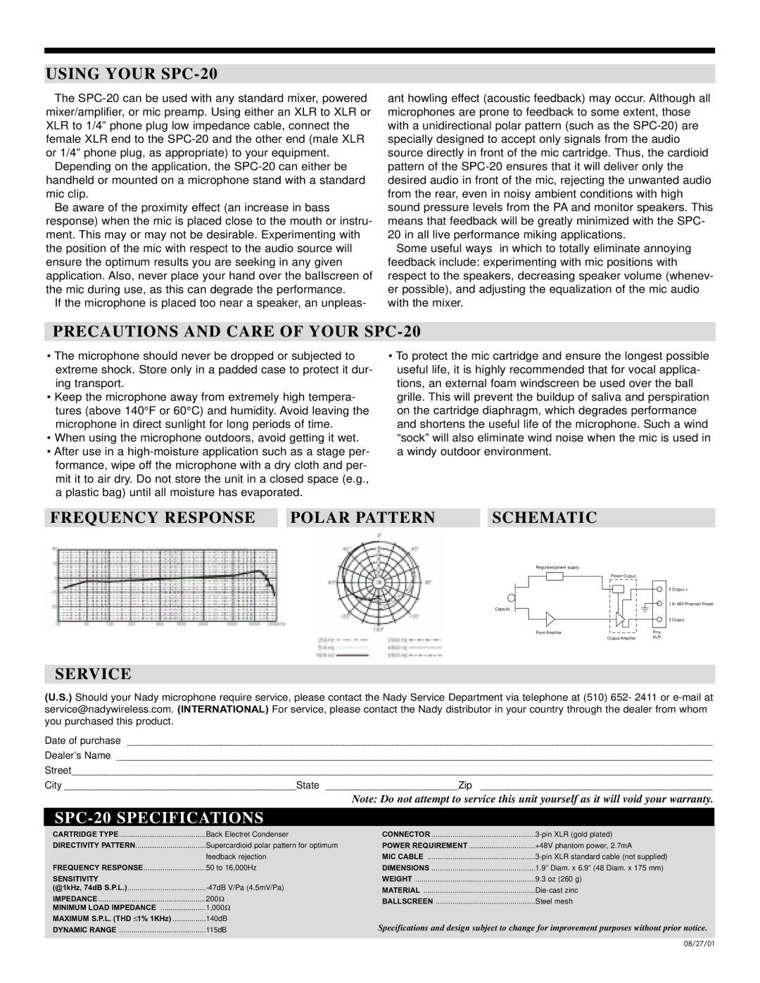 Nady Systems warranty Using Your SPC-20, Precautions and Care of Your SPC-20, Frequency Response Polar Pattern Schematic 