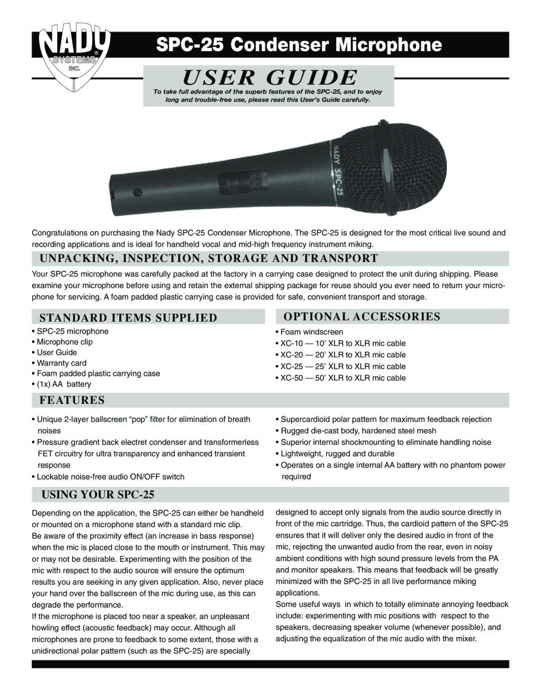 Nady Systems SPC-25 warranty UNPACKING, INSPECTION, Storage and Transport, Standard Items Supplied, Features 