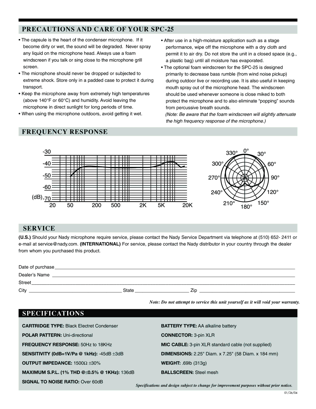 Nady Systems warranty Precautions and Care of Your SPC-25, Frequency Response Service 