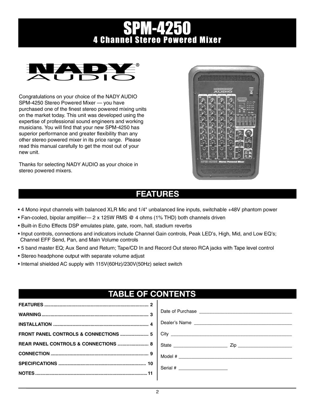 Nady Systems SPM-4250 owner manual Features, Table of Contents 