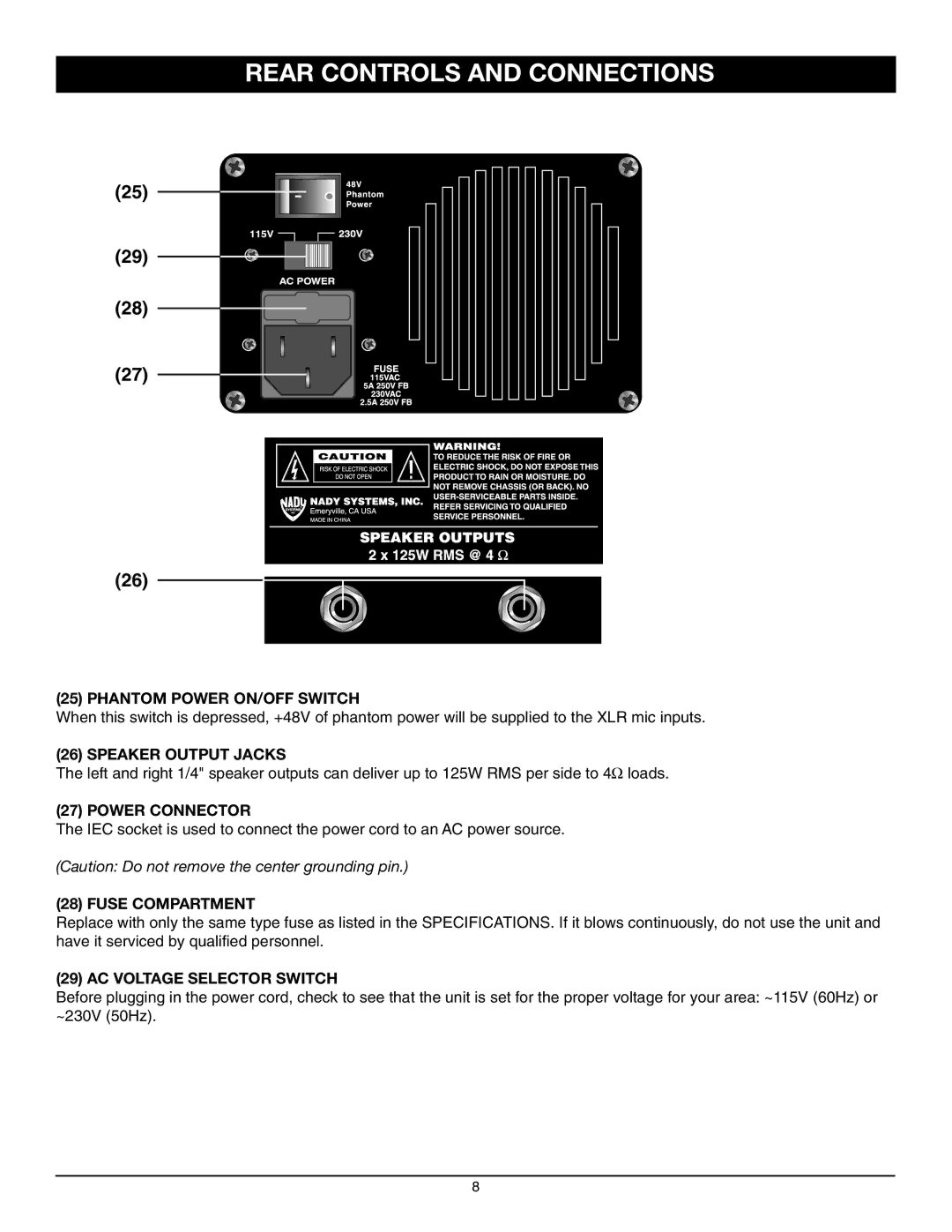 Nady Systems SPM-4250 owner manual Rear Controls and Connections 