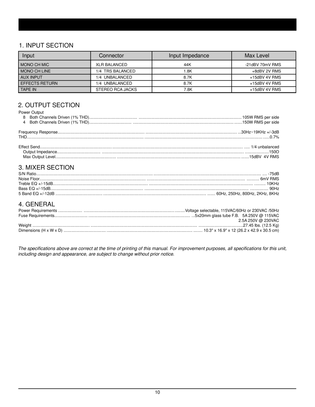 Nady Systems SPM-6300 owner manual Specifications, Input Section 