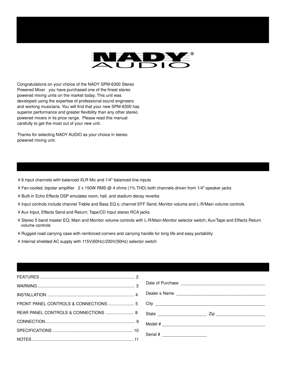 Nady Systems SPM-6300 owner manual Features, Table of Contents 