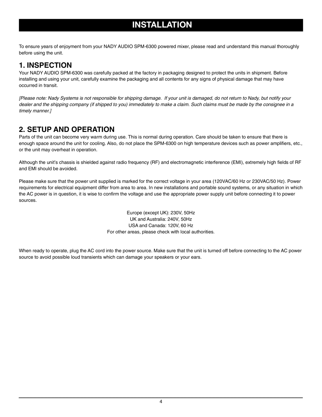 Nady Systems SPM-6300 owner manual Installation, Inspection 