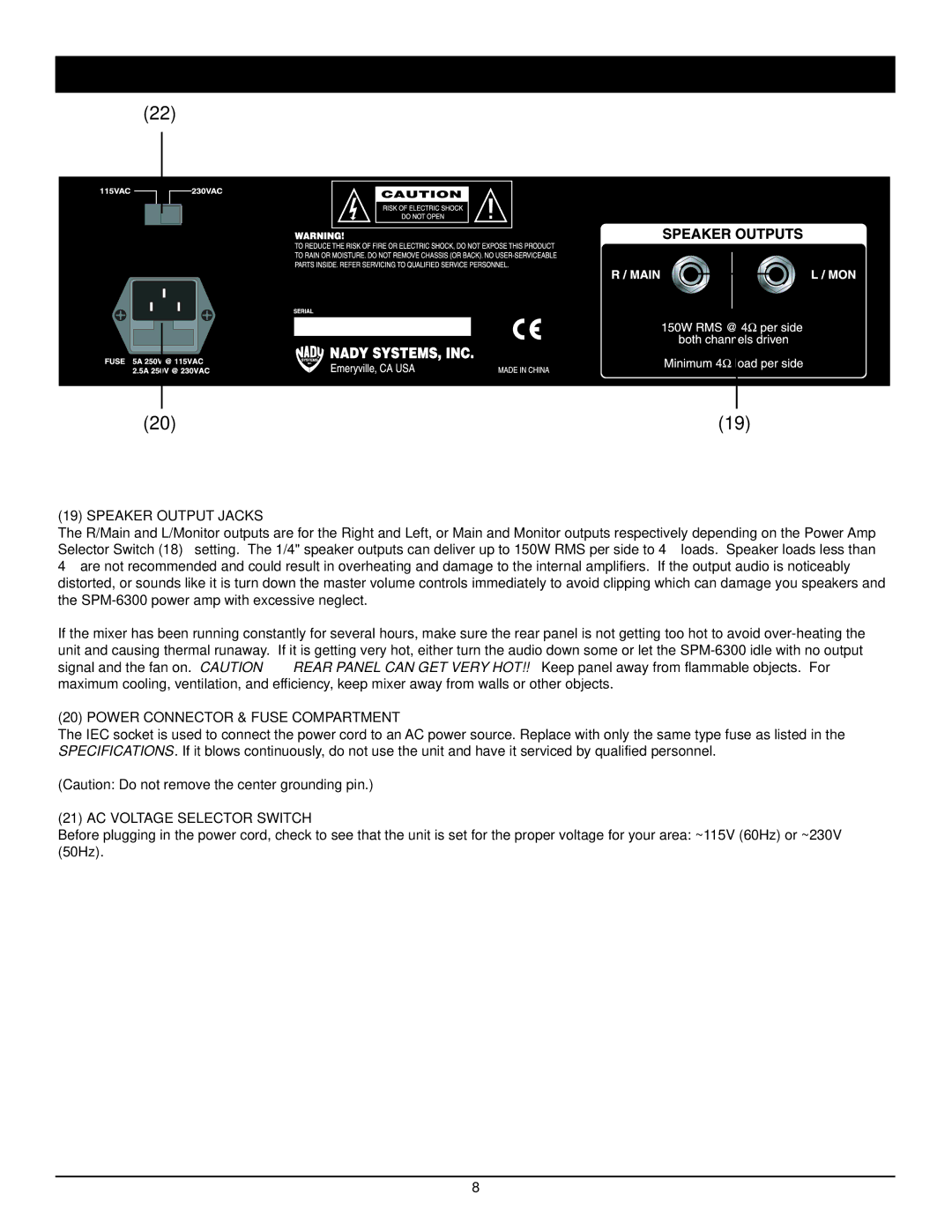 Nady Systems SPM-6300 owner manual Rear Controls and Connections, Speaker Output Jacks, Power Connector & Fuse Compartment 