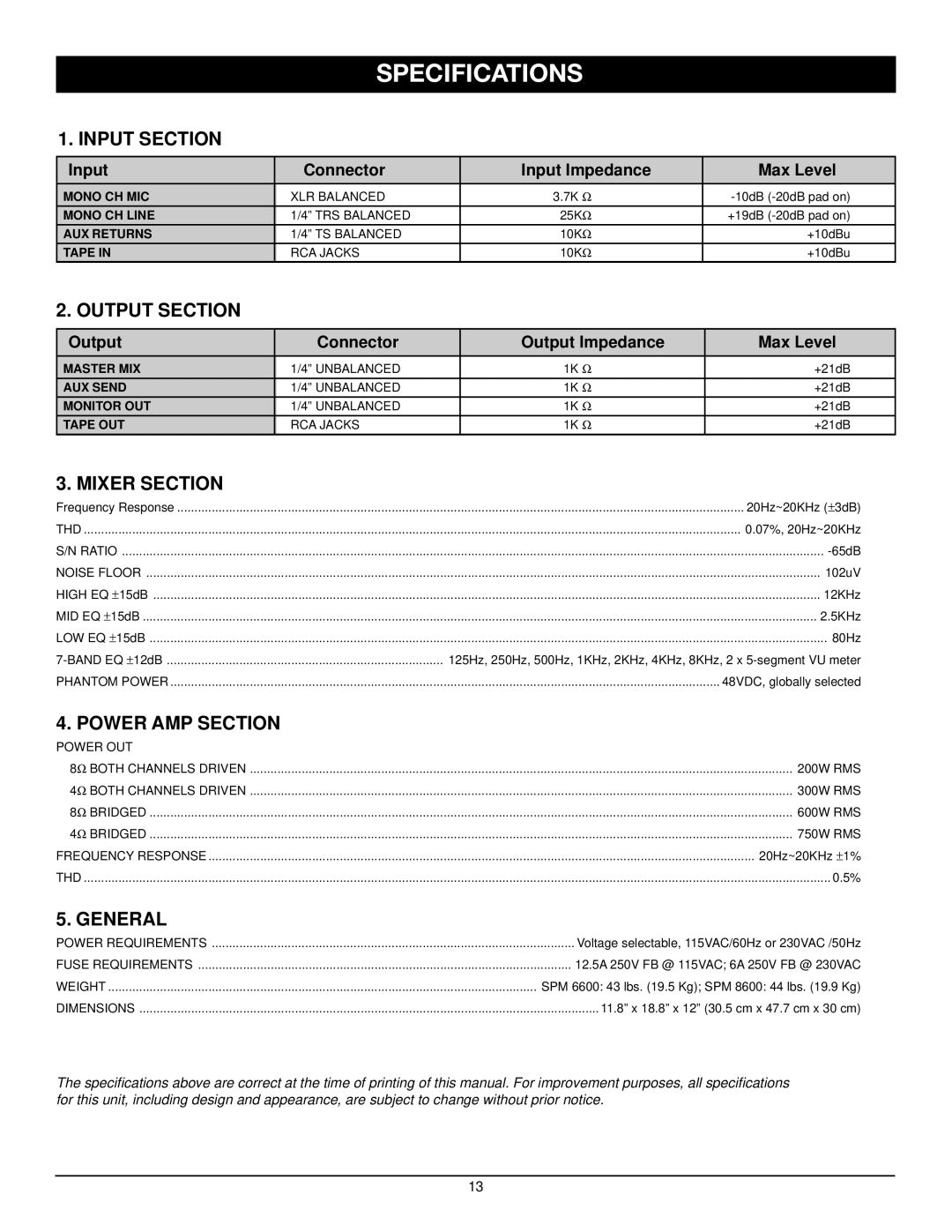 Nady Systems SPM 6600/8600 manual Specifications, Input Section 