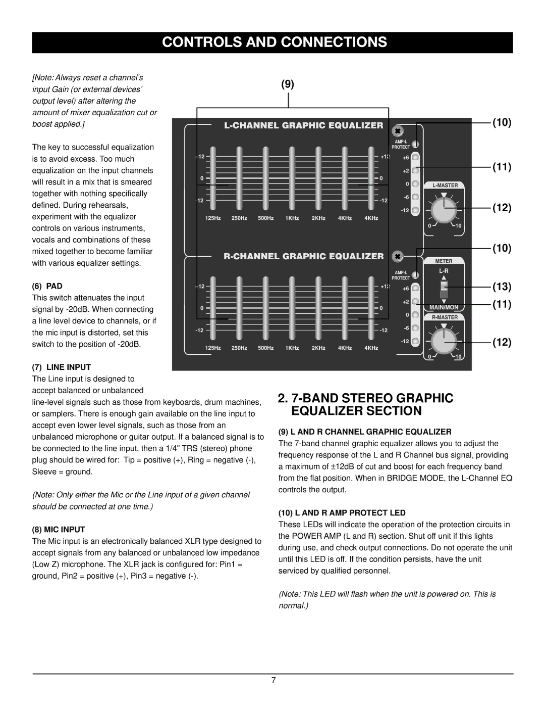 Nady Systems SPM 6600/8600 manual Band Stereo Graphic Equalizer Section, Line Input, R Channel Graphic Equalizer 