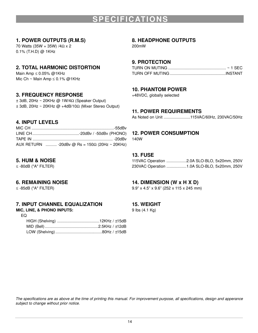 Nady Systems SPM-835 owner manual E C I F I C At I O N S, MIC, LINE, & Phono Inputs 