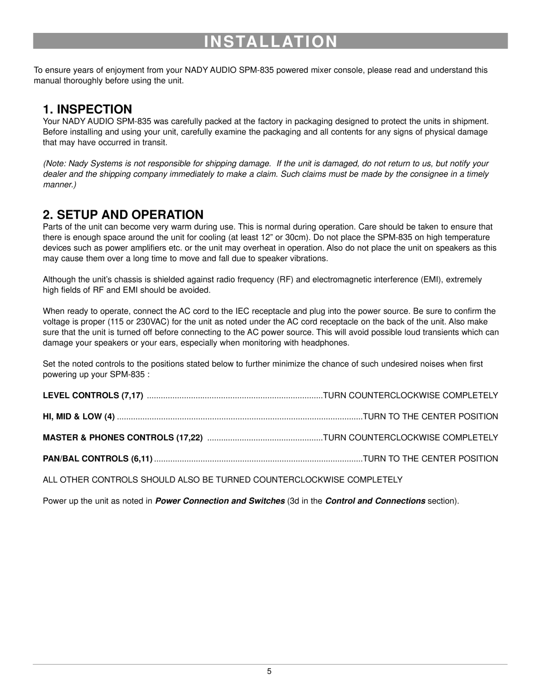 Nady Systems SPM-835 owner manual S Ta L L At I O N, Inspection, Setup and Operation, Turn to the Center Position 