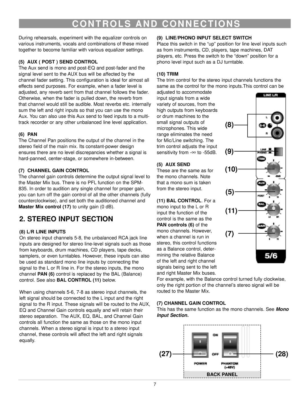 Nady Systems SPM-835 owner manual Stereo Input Section 