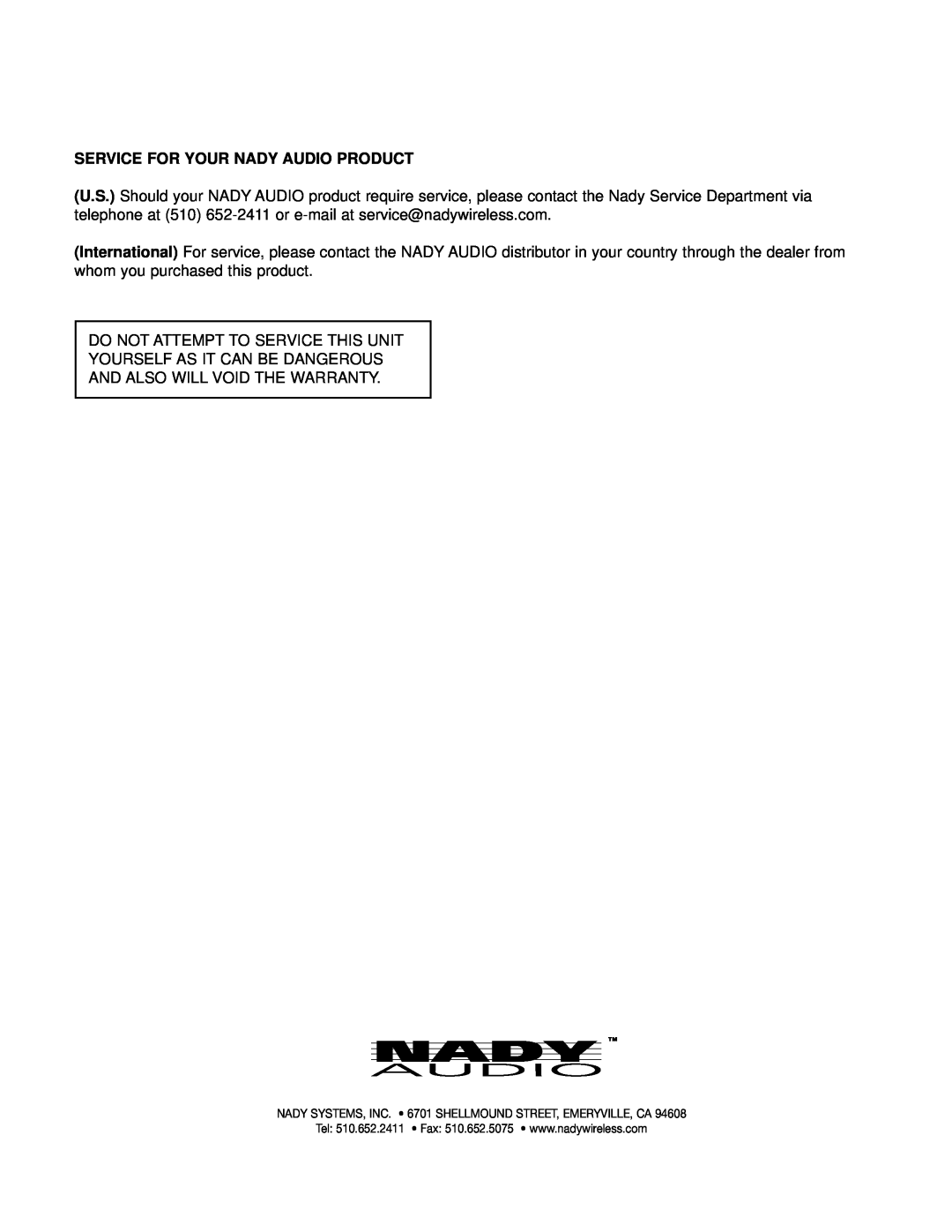 Nady Systems SPM-835 owner manual Service For Your Nady Audio Product 